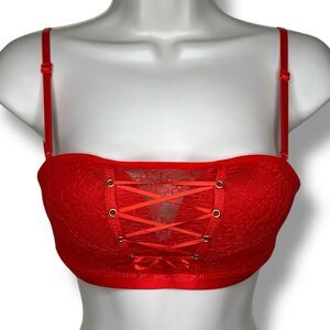 Red Lace Bralette Corset Lace Tie Up Bra Convertible Strapless Push Up Women 34C
